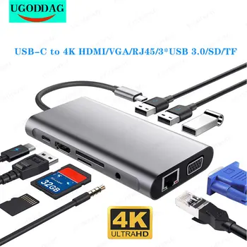 10 1 C Tipo Hub USB Skirstytuvo C iki 4K HDMI-adapteris VGA, RJ45, Ethernet 