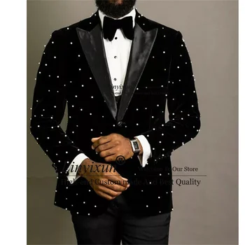 Apsvaiginimo Duobute Vyrų Kostiumai Slim Fit Black Velvet Vestuvių Jaunikis Tuxedos 3 Dalių Komplektas Afrikos Vyrų Prom Švarkas Laisvalaikio Kostiumas Homme