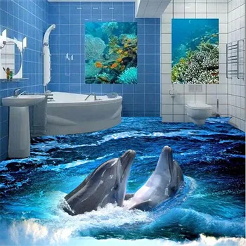 beibehang Aukšte Tapetai Stereoskopinis Delfinų Vandenyno Vonios sienelės Grindų Sieniniai PVC Tapetai lipnios Grindų dažymas