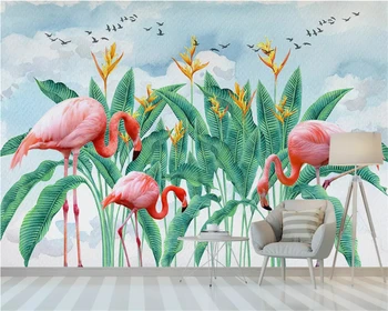 beibehang Užsakymą tapetai Silk medžiaga, 3d tapetai atogrąžų lapai flamingo akvarelė dangaus miegamasis fono sienos tapetai
