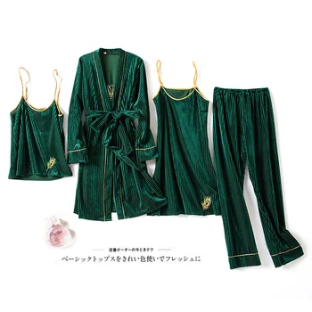Chalatas Kimono Moterų Aksomo Seksualus Siuvinėjimo Sleepwear Suknelė Rudens Žiemos 4PCS Pižama Nustatyti, naktiniai drabužiai Laisvi Veliūras Namų Drabužiai
