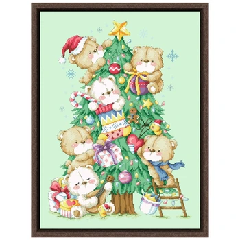 Dreampattern Medžio lokys Kalėdų kryželiu siuvinėjimo rinkinys, X-mas dizaino 18ct 14ct 11ct šviesiai žalia drobės siuvinėti 