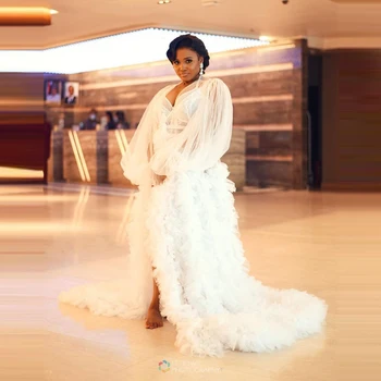 Elegantiškas Balto Tiulio Chalatai, Vestuvių Ilgomis Rankovėmis Aso Ebi Promenadzie Suknelė Traukinio Plius Dydis Vestuvių Tiulio Suknelės Fotosesiją