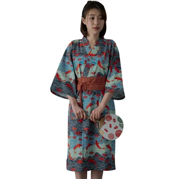 Grynos Medvilnės Japonų Stiliaus Pora Pižamą Derliaus Nightdress Moterų Chalatas Prakaito Garinimas Namų Drabužiai Hanfu Pižama
