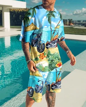 Havajų Paplūdimys Kokoso Medžio Spausdinti Kostiumas Vyrams Japonijos Atsitiktinis marškinėliai + Šortai 2-piece Apranga Tracksuit Nustatyti Vyras Streetwear Rinkinys