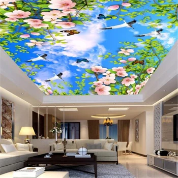Individualizuotos fono paveikslėlį 3d augalų žiedų, mėlynas dangus, balti debesys zenith freskos gyvenimo kambario, miegamasis hotel lubų paukščių zenith freskos фотообои