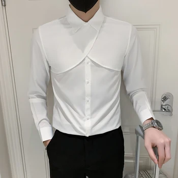 Korėjos Mados vyriški ilgomis Rankovėmis Marškinėliai Asmeninį Susiuvimo Tendencija Vyrų Plonas Baltas Juodas Smokingas Palaidinė