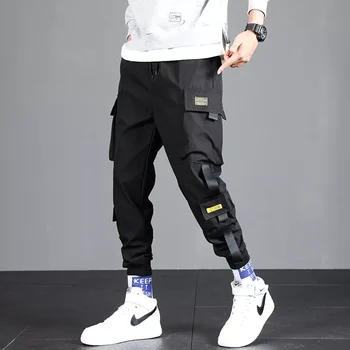 Mados Raišteliu Kelnės Streetwear Hip-Hop Atsitiktinis Kišenės Track Kelnės Juostelės Haremas Poilsiu Vyrų Krovinių Kelnės