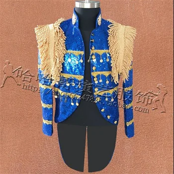Mėlyna vyrų Smokingas kostiumai dizaino masculino homme terno etape kostiumai dainininkai striukė vyrų blizgančiais švarkas šokių žvaigždžių stilius, punk
