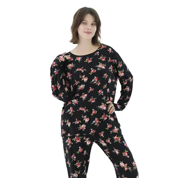 Naujas Viskozė Pižama Moterims Black Print Gėlių ilgomis Rankovėmis Kelnių Pijamas Dviejų dalių Komplektas Atsitiktinis Negabaritinių Loungewear Sleepwear