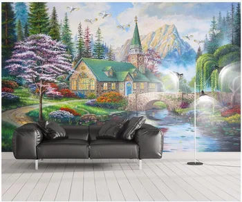 Pasirinktinius nuotraukų freskos 3d tapetai Europos šalių mažų tilto vandens paukščių Namų dekoro 3d sienų freskomis tapetai, sienų ir 3 d