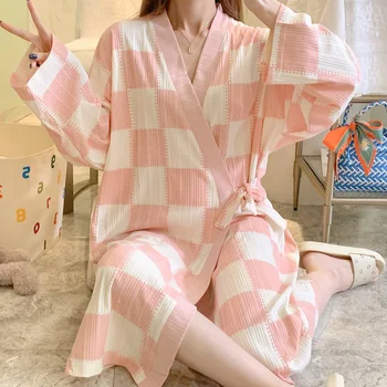 Pavasario Megzti Skara Kimono Sleepwear Moterų Chalatas ilgomis Rankovėmis Chalatas Moterų naktiniai drabužiai Rūbeliai Lady Pižamą Lounge Mados