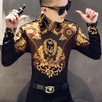 Prabanga Juodojo Aukso Spausdinti Marškinėliai Royal Vyrų Smokingas Camisas Mados Vyrų Klubas Drabužius ilgomis Rankovėmis Slim Vyrų Baroko Pokylių Marškinėliai
