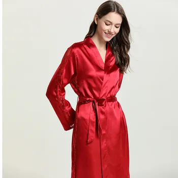 Rudenį Satino Šifono Sujungimas Ilgomis Rankovėmis Moterų Megztinis Kimono Skraiste Lady Viskozė Chalatas Yukata Pižamą Sleepwear