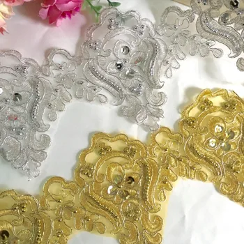sidabro, aukso spalvos puošnios nėrinių aplikacijos plotis 12,5 cm drabužių vestuvių suknelė nėriniai apdailos vestuvių šydas, nėriniai