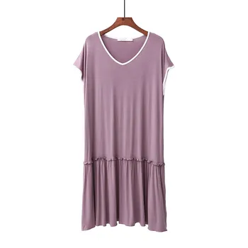 Siūlėmis Modalinis Prarasti Sleepwear Nightgowns Moterims Trumpomis Rankovėmis V-Kaklo Vasaros Nightshirt Moterų Saldus Pynimas Naktį Suknelė