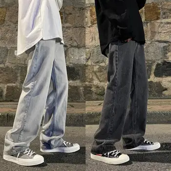 Vyrai Korėjos Streetwear Pločio Kojų Baggy Jeans 2023 Mens Rudenį Harajuku Derliaus Mėlyna Džinsinio Audinio Kelnės Vyrų Atsitiktinis Krovinių Kelnės