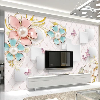 wellyu tėtis peint tapetų sienos, 3 d Pasirinktinį fono paveikslėlį Pearl spalvos drugelis meilės, gėlių papuošalai, TV foną sienos